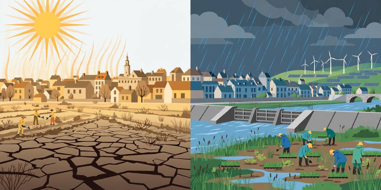 Editorial illustration of a European city split between heatwave-dry farmland and a flood barrier holding back a swollen river, with wind turbines in the distance — flat style, no real person depicted