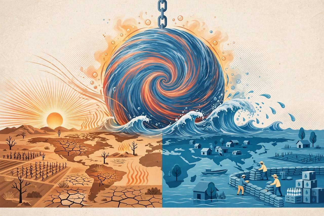Editorial illustration of a warming Pacific wave over drought and flood landscapes
