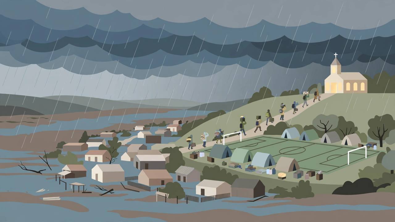 Editorial illustration of a swollen river flooding a riverside town, residents moving to a church shelter and tents on a field — flat style, no real person depicted