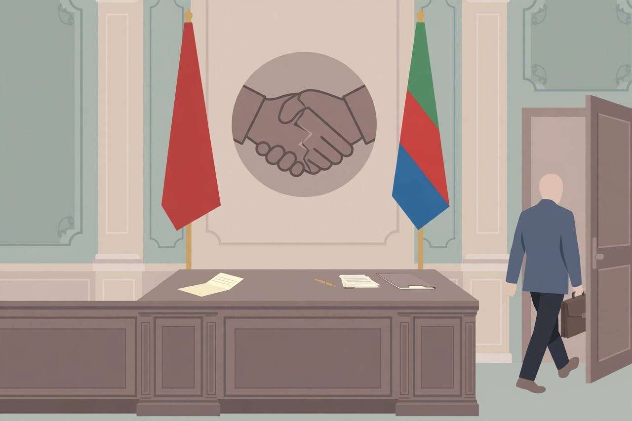 Editorial illustration of a generic presidential adviser handing in a resignation letter at a grand office desk, with two stylised flags either side of a cracked handshake emblem