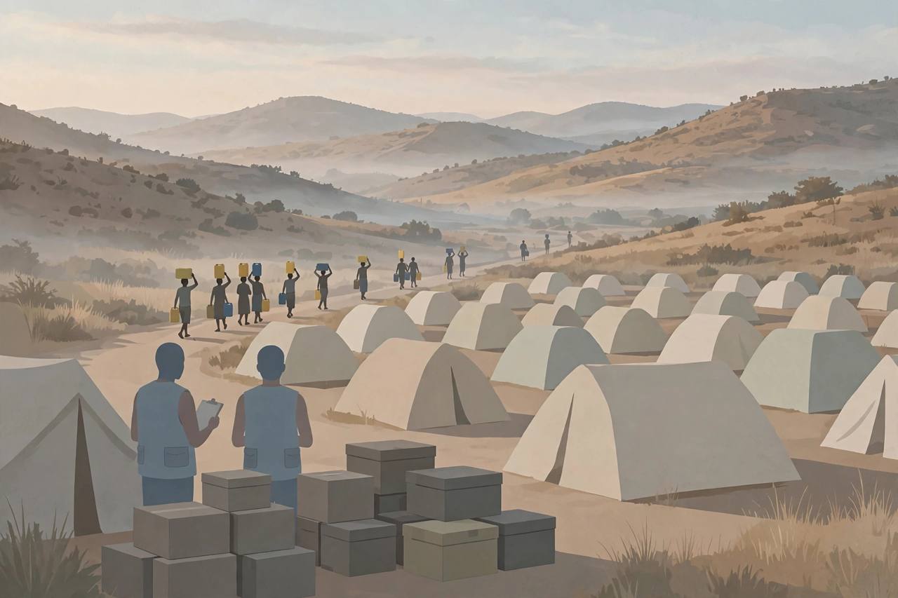 Editorial illustration of a quiet displacement camp at dawn in Ethiopia's Amhara highlands, with tents and distant hills