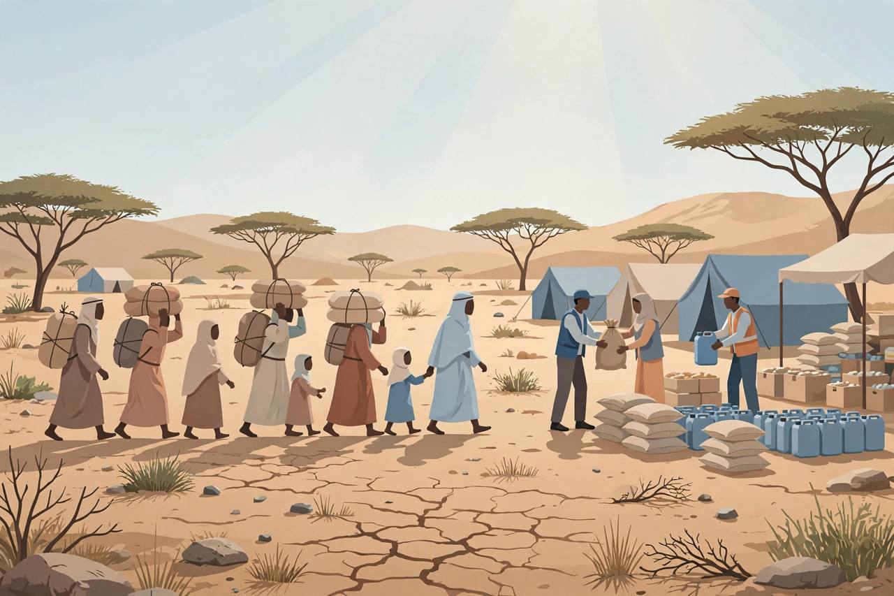 Editorial illustration of families with bundles crossing a dry border area toward aid tents near Moyale, generic figures only, no real person depicted