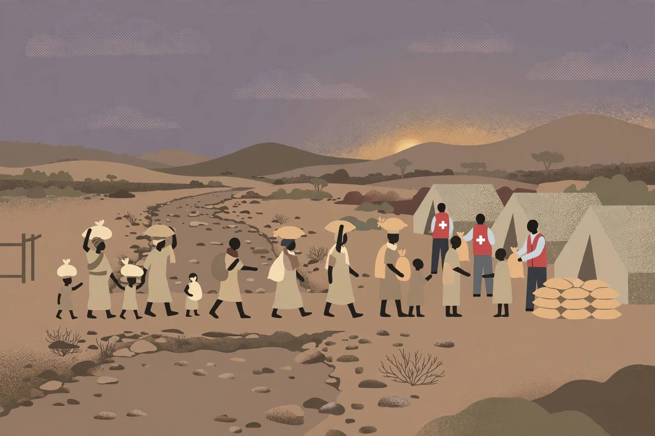 Editorial illustration of families with bundles crossing a dry border area toward aid tents where workers hand out food sacks, flat style, generic figures only, no real person depicted