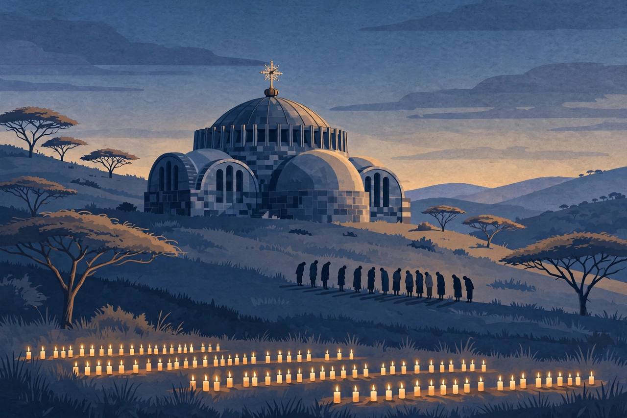 Editorial illustration of an Ethiopian Orthodox church on a hill at dusk, with lit candles and silhouetted mourners in the foreground
