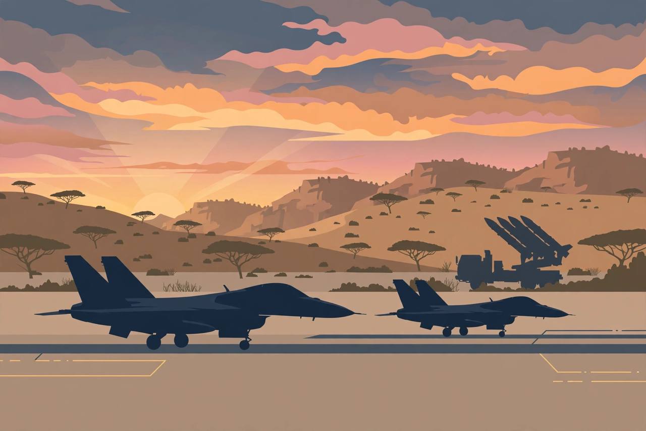 Editorial illustration of two generic fighter jets on an airfield with an air-defence launcher in the background