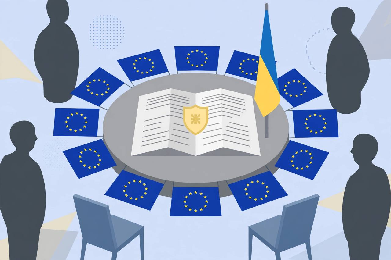 Editorial illustration of European Union flags around a conference table with a document and shield, a Ukrainian flag beside it and two empty chairs set apart