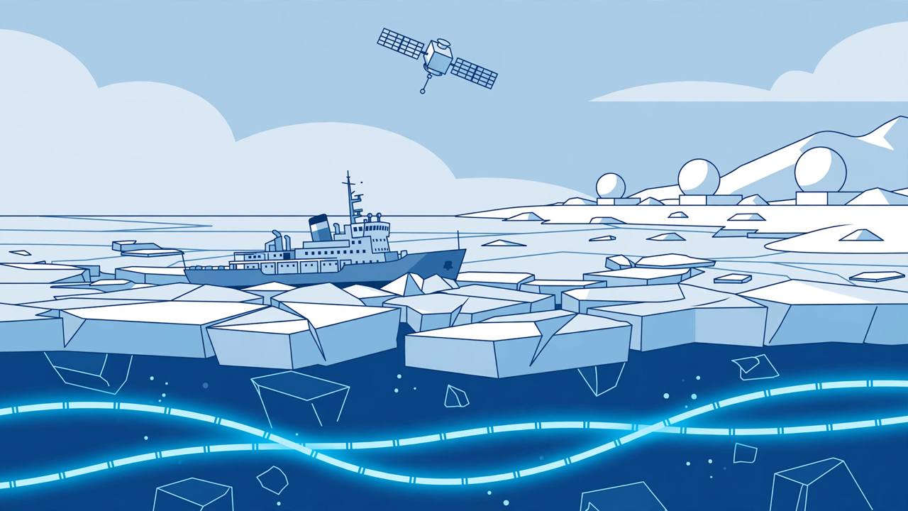Editorial illustration of an icebreaker ship cutting through Arctic sea ice beneath a satellite, with glowing undersea cables and distant radar domes on a snowy shore, flat editorial style, no text, no real person's likeness