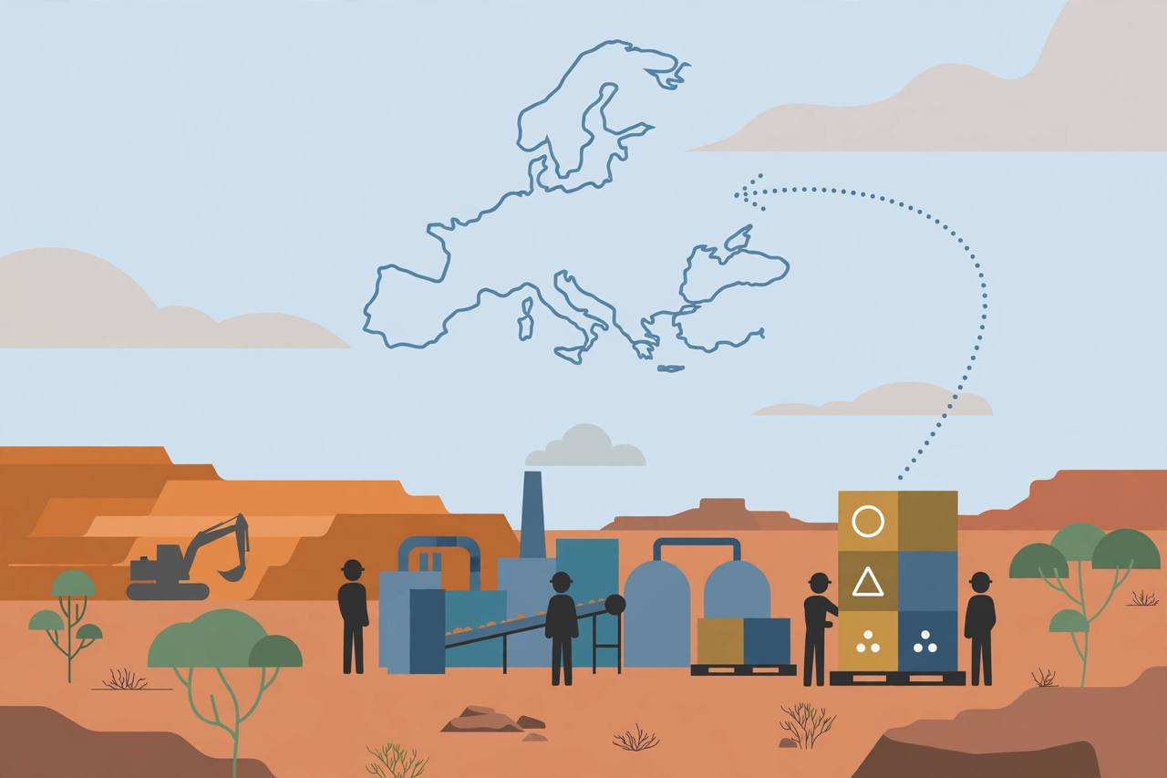 Flat editorial illustration of a stylised Australian critical-minerals mine and processing plant with generic figures, no real person depicted. (Editorial illustration)
