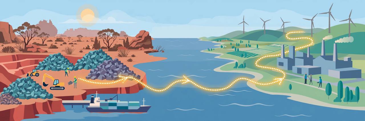 Editorial illustration of an Australian outback mine and cargo ship connected by a glowing supply route to a European factory and wind turbines