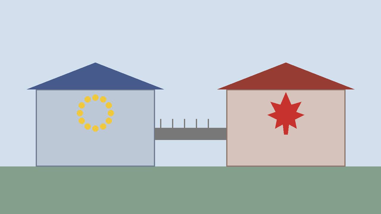 Editorial illustration of two generic parliament buildings joined by a bridge, with a circle of stars and a maple leaf — flat style, no real person depicted