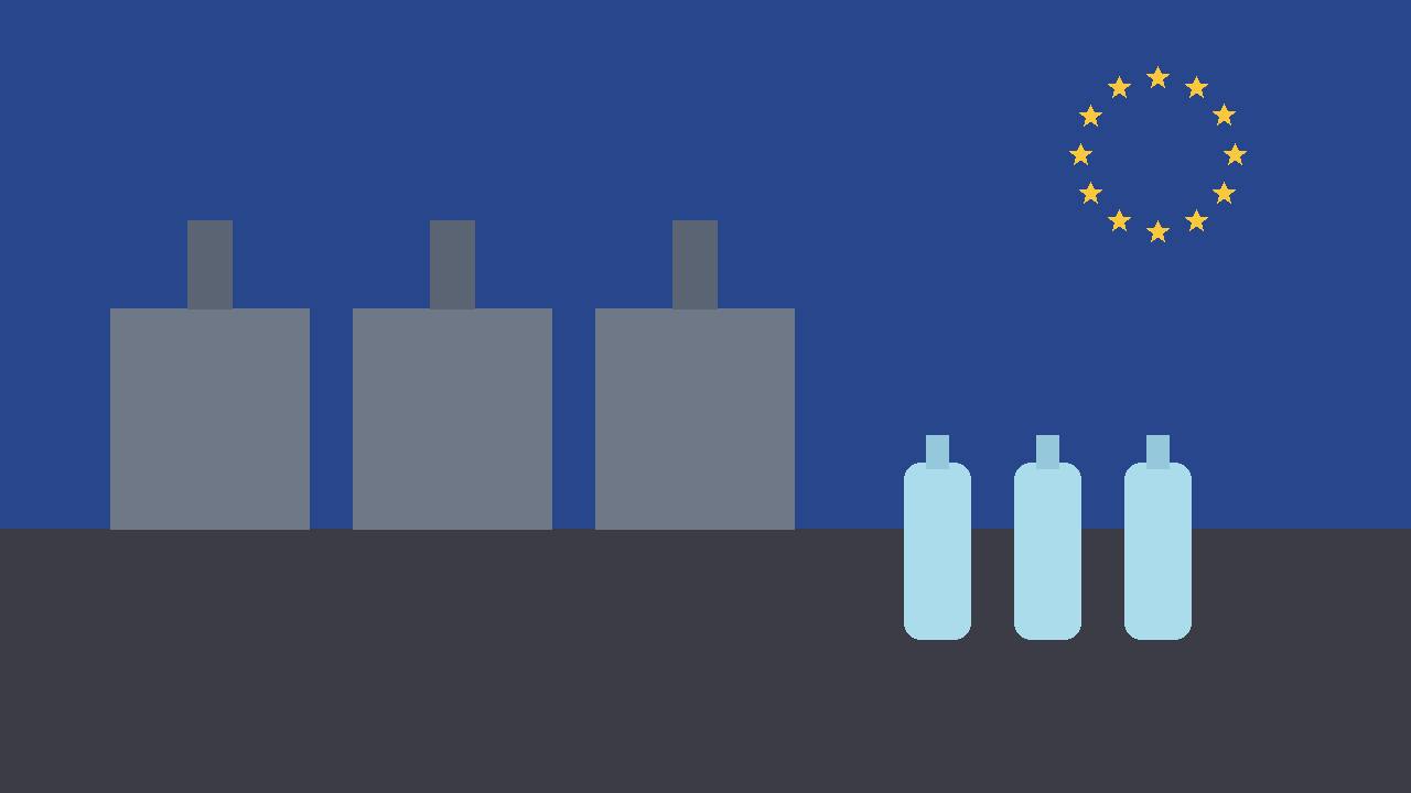 Editorial illustration of factories, plastic bottles and a circle of gold stars — flat style, no real person depicted