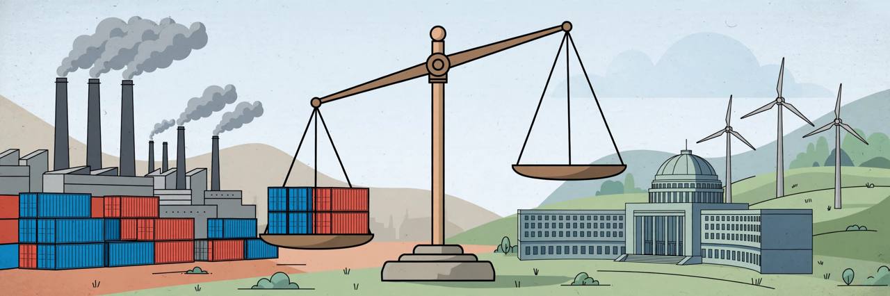 Editorial illustration of EU and China trade, containers and a tipped balance scale