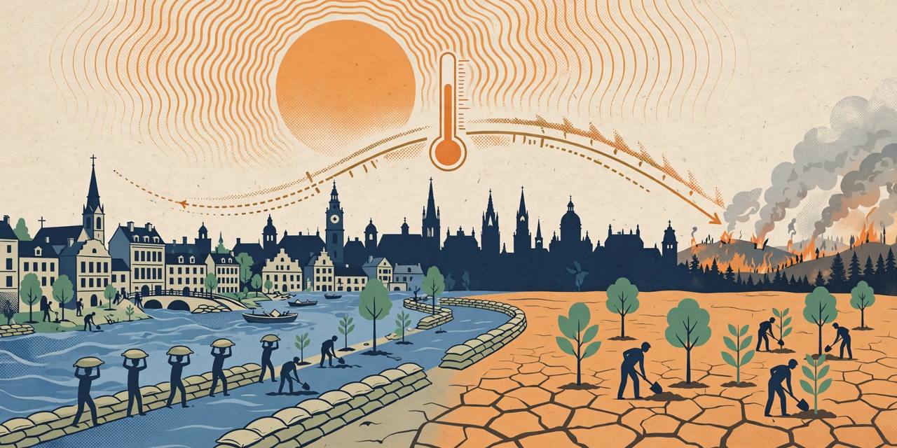 Editorial illustration of a European city split between floodwater with sandbags on one side and heat, cracked earth and wildfire smoke on the other