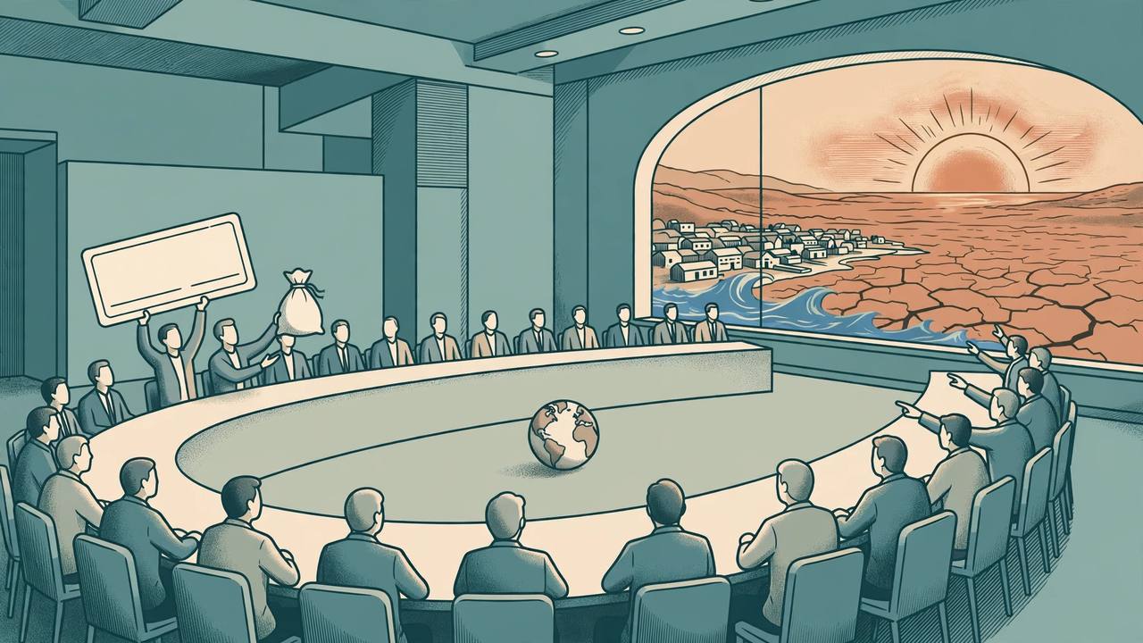Flat editorial illustration of delegates seated around a curved climate-summit table, an empty oversized cheque and an empty money bag held up on one side, and a window showing a rising sun over cracked dry earth and a coastal village on the other
