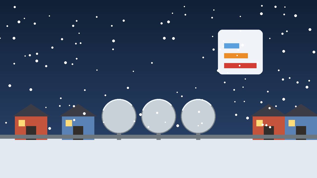 Editorial illustration of gas storage spheres and snow-covered houses under falling snow, with a rising energy gauge