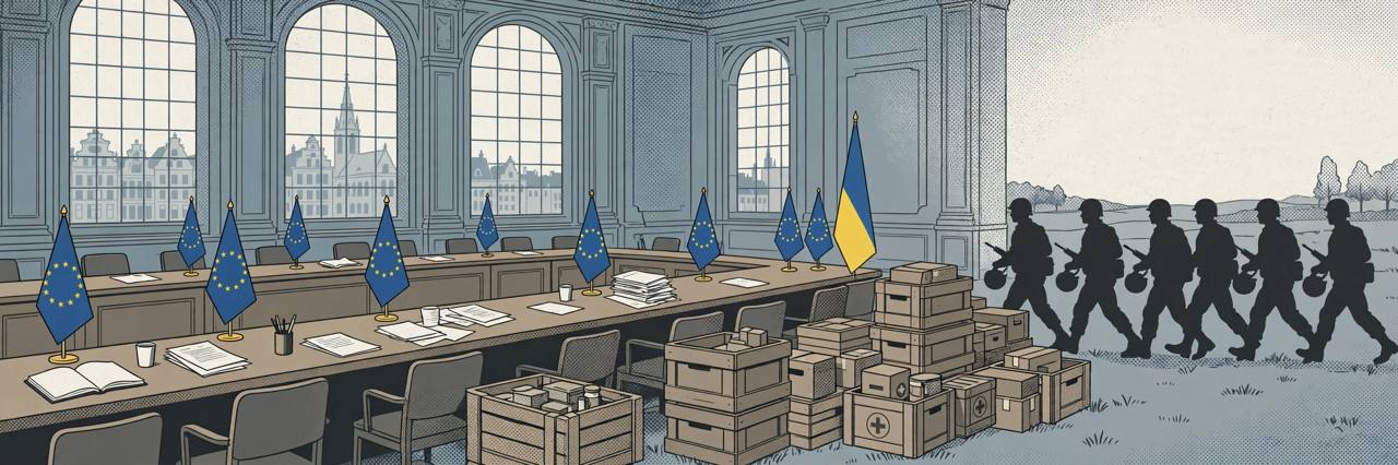Editorial illustration of EU and Ukrainian flags over a council table with crates of military aid and soldiers in training