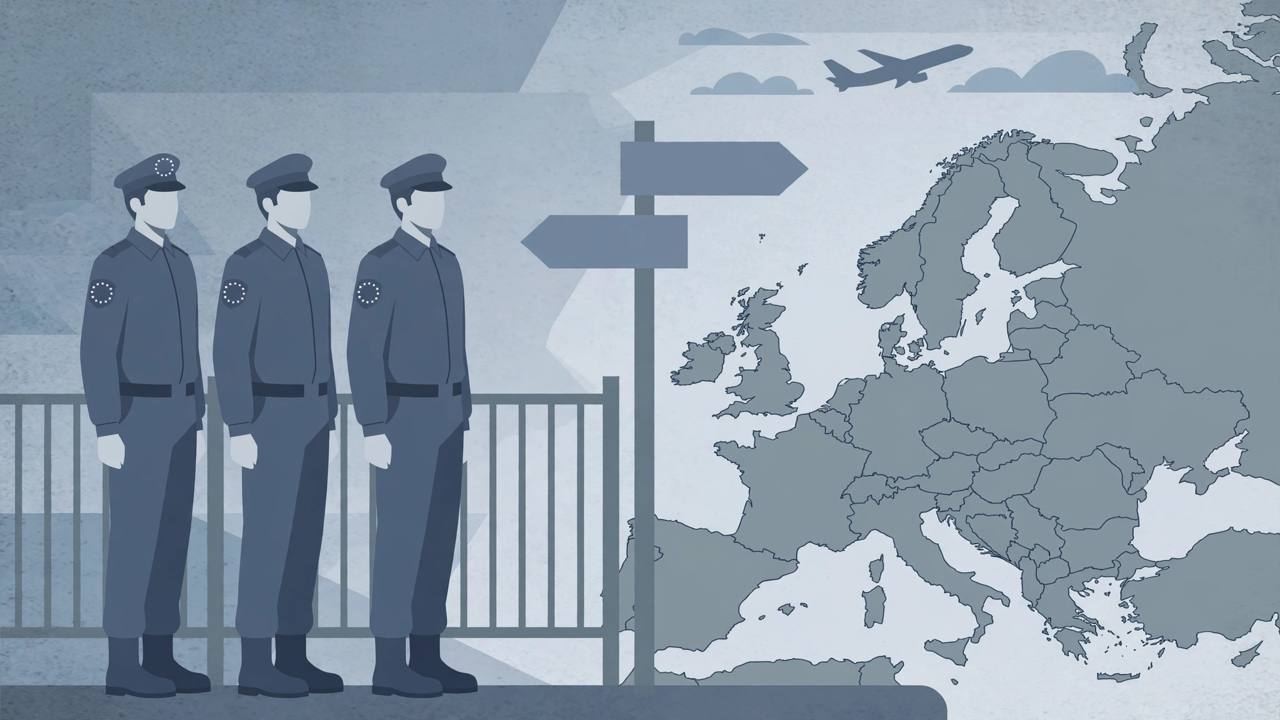 Editorial illustration of generic EU border officers beside a border fence and outward departure arrows beyond a stylised map of Europe
