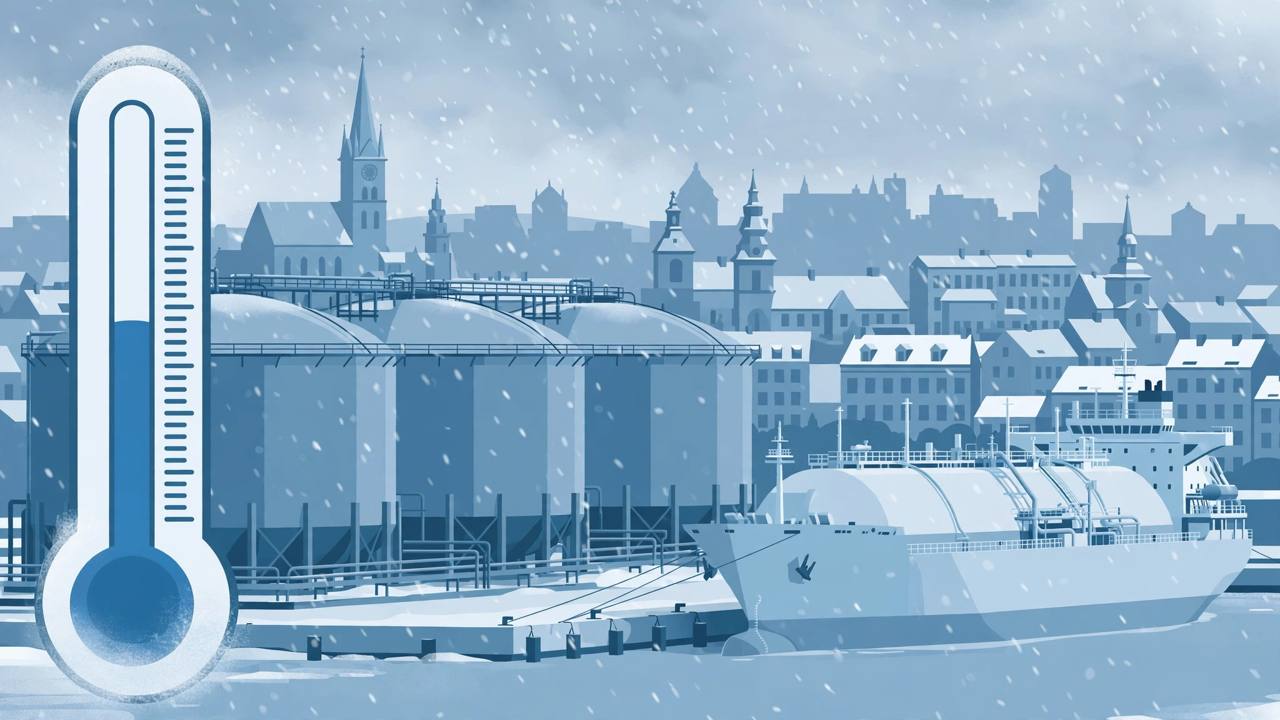 Editorial illustration of European gas storage tanks and an LNG tanker in snowy winter weather with a partly-empty storage gauge — flat style, no real person depicted