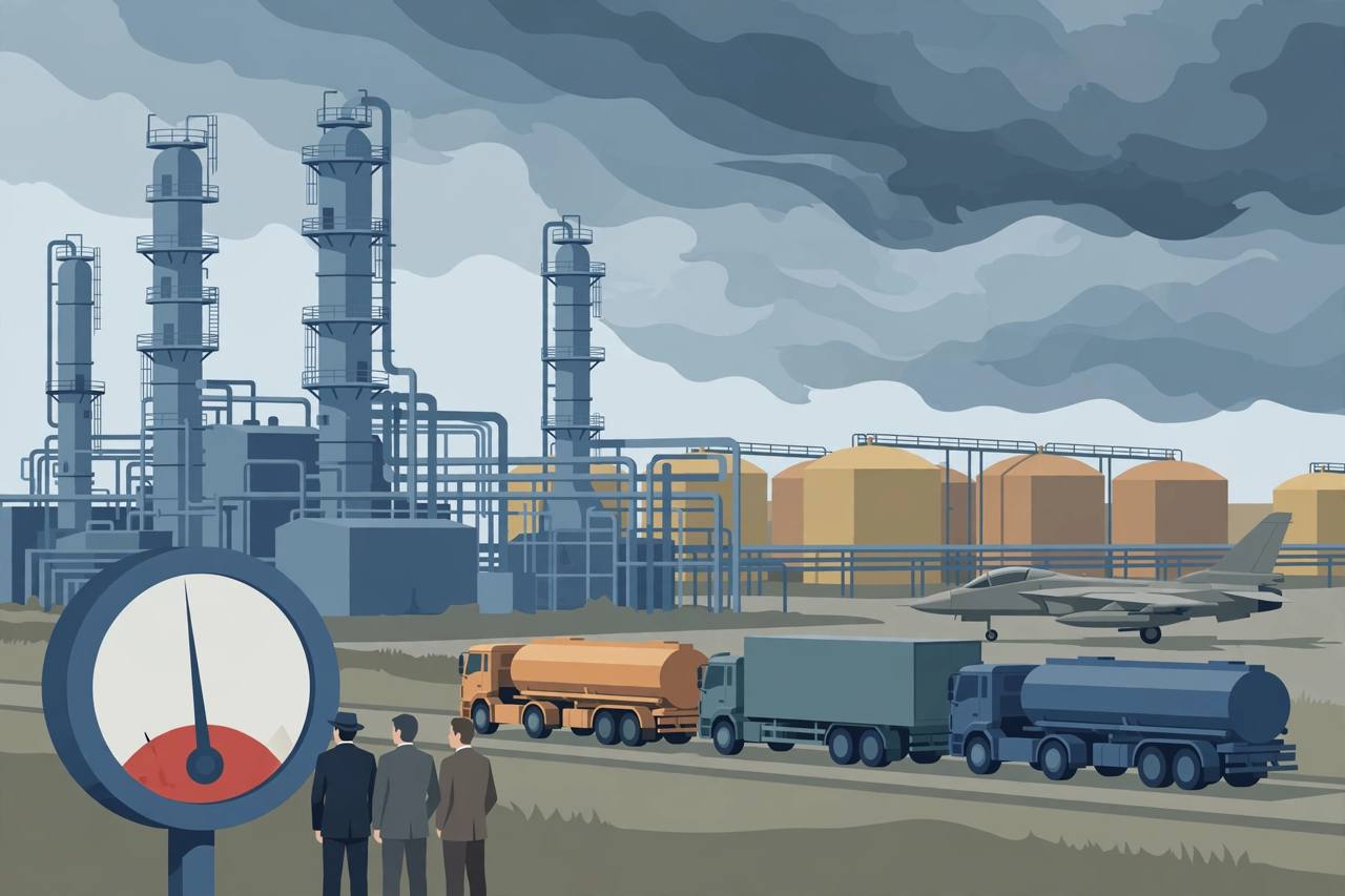 Editorial illustration of a European refinery, fuel tankers and a military jet under a low fuel gauge