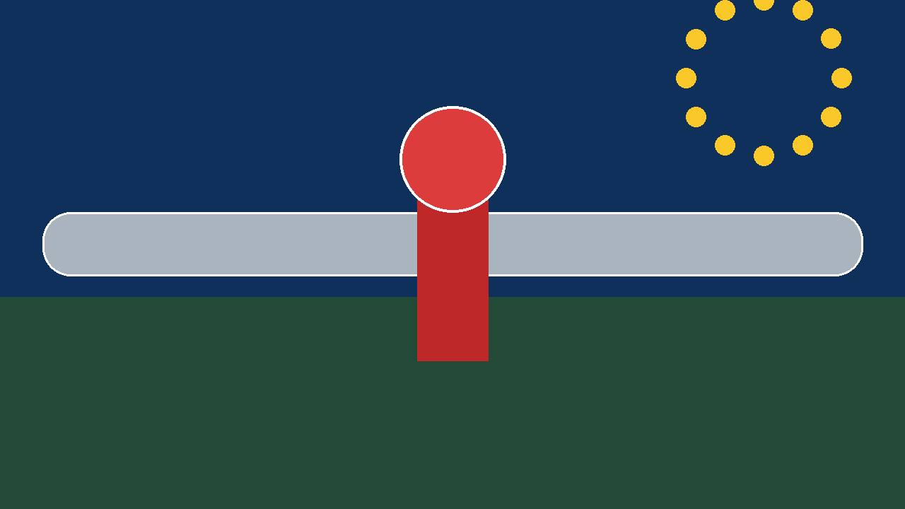 Editorial illustration of a gas pipeline with a closed red valve and a circle of gold stars on a blue background