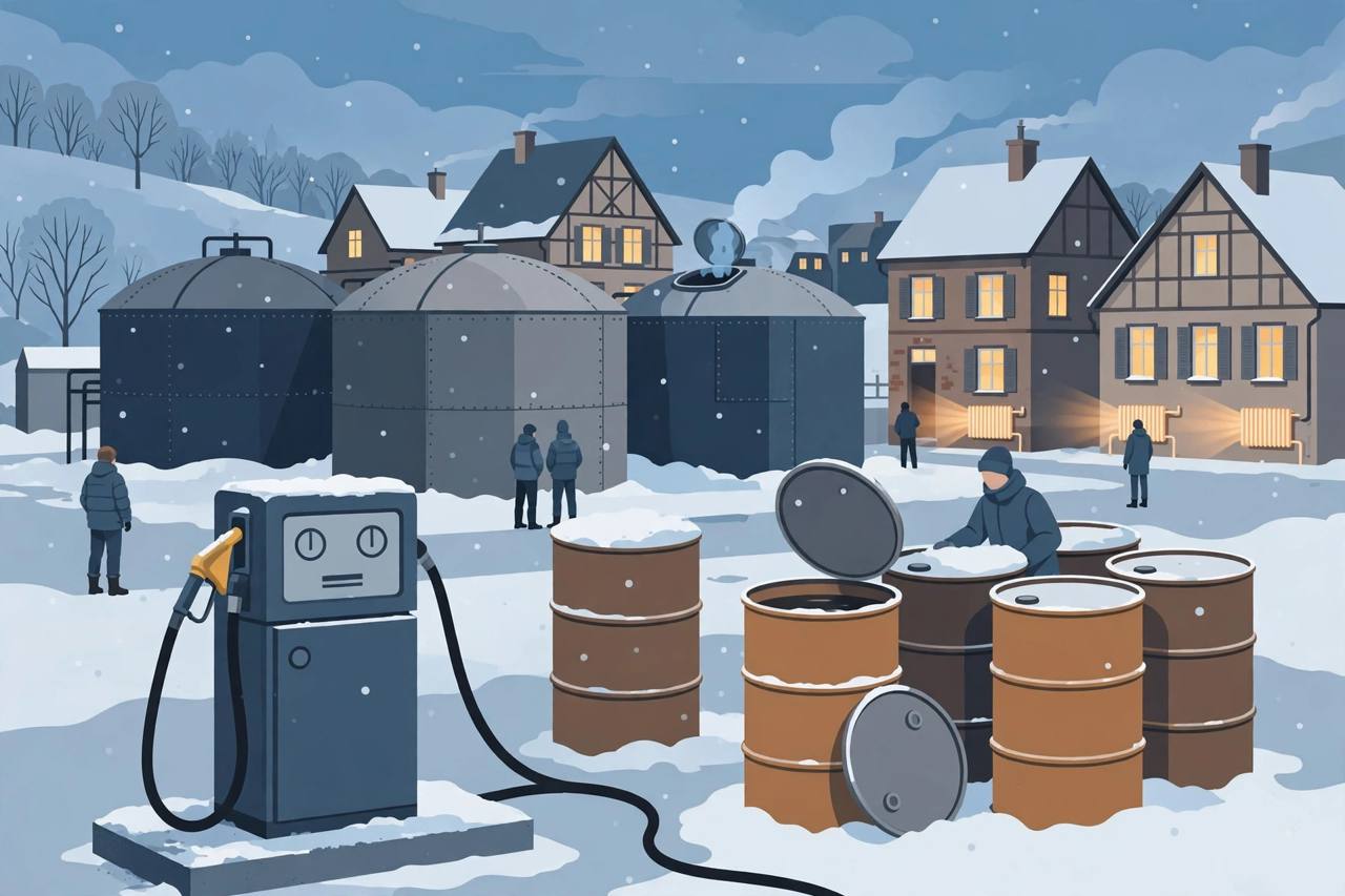 Editorial illustration of strategic oil storage tanks and barrels being opened in winter snow, with a diesel pump and European houses behind