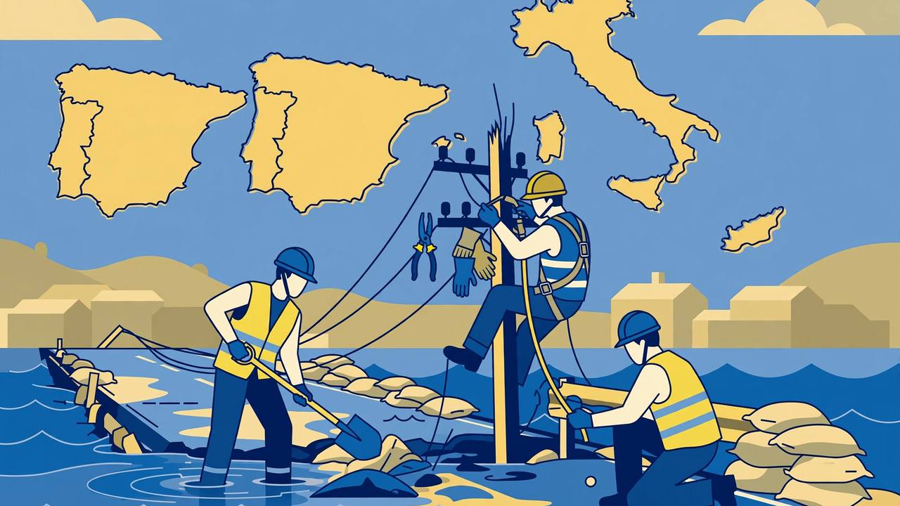 Editorial illustration of generic workers repairing a flooded road and power lines in southern Europe, flat style, no text, no real person depicted