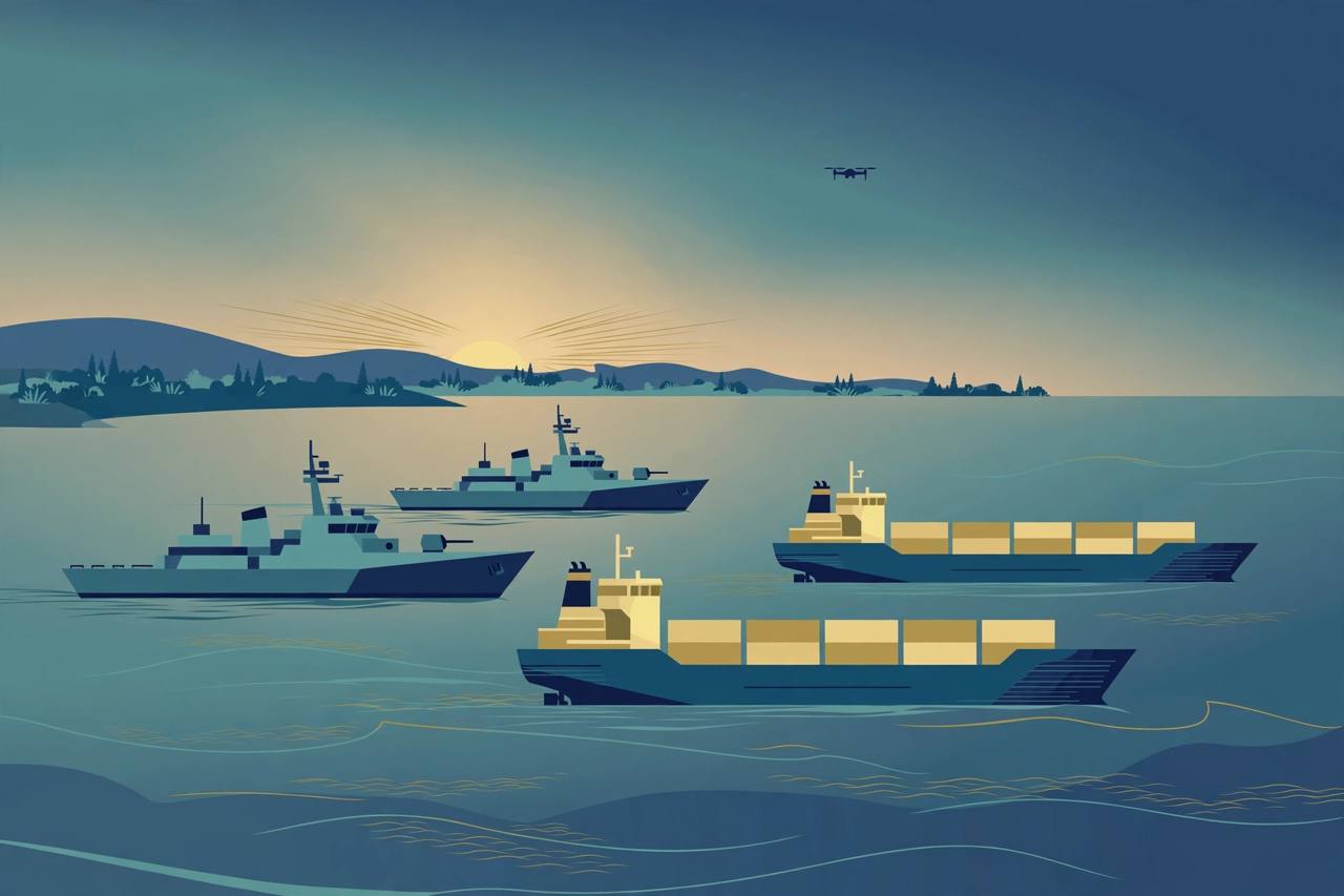 Editorial illustration of generic naval patrol ships escorting generic merchant vessels at dawn — no real place or person depicted