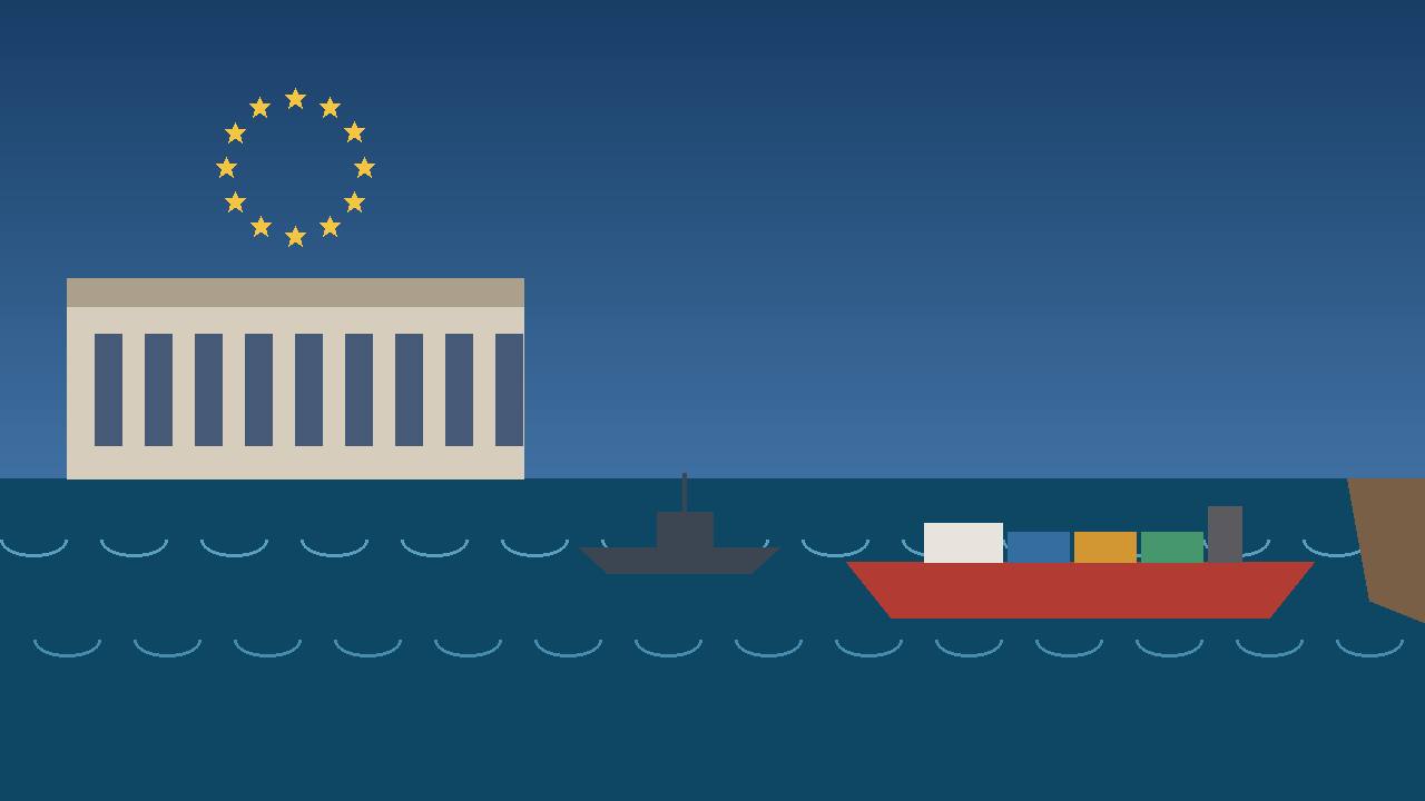 Editorial illustration of a generic parliament building beside the Red Sea, with a cargo ship and a naval vessel — no real place or incident depicted