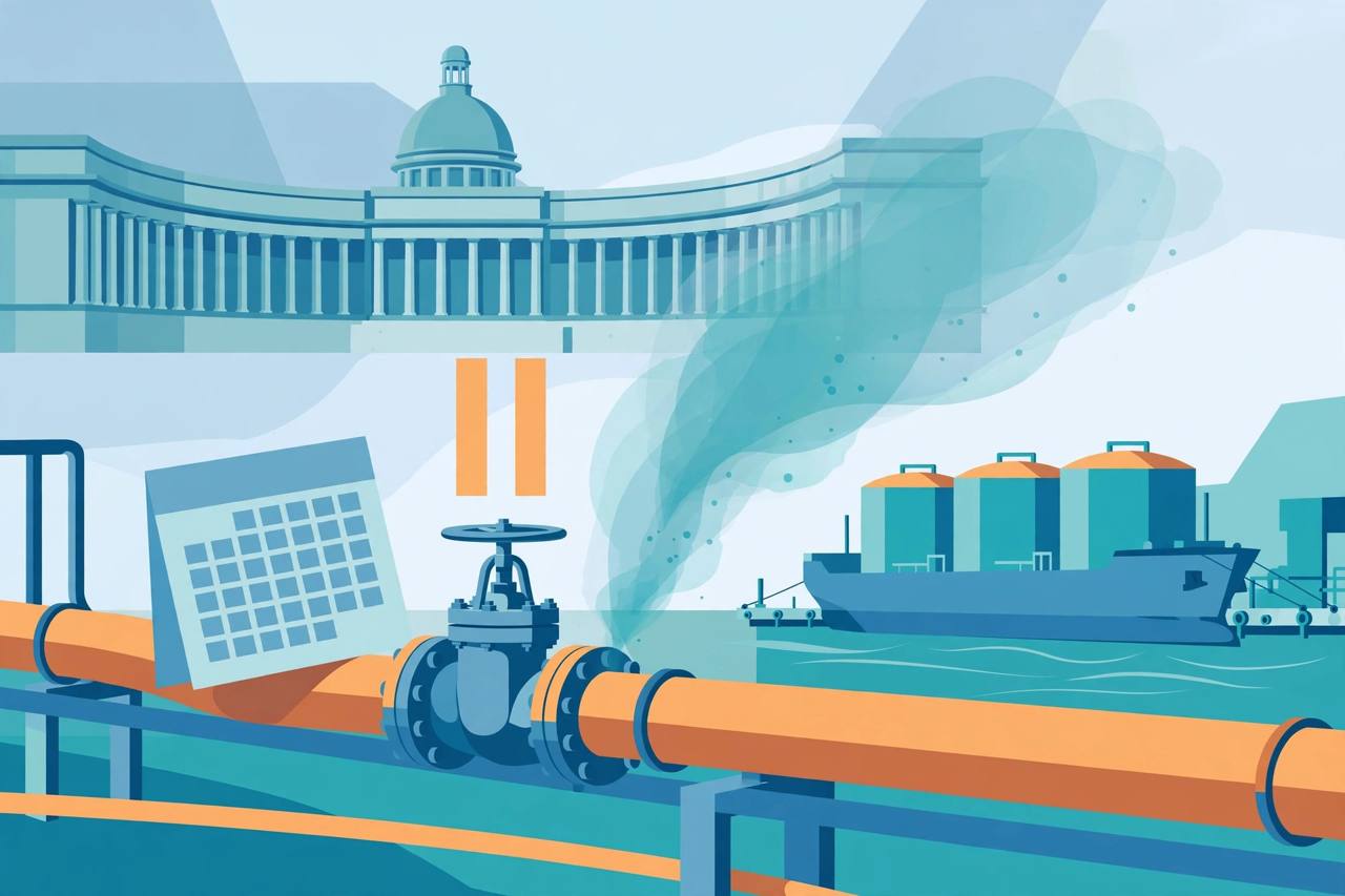 Editorial illustration of a European parliament building, a gas import pipeline and an LNG tanker with a translucent gas cloud and a paused valve — flat style, no real person depicted