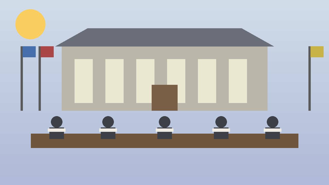 Editorial illustration of a generic summit building and a long table with generic seated figures — no real place or person depicted