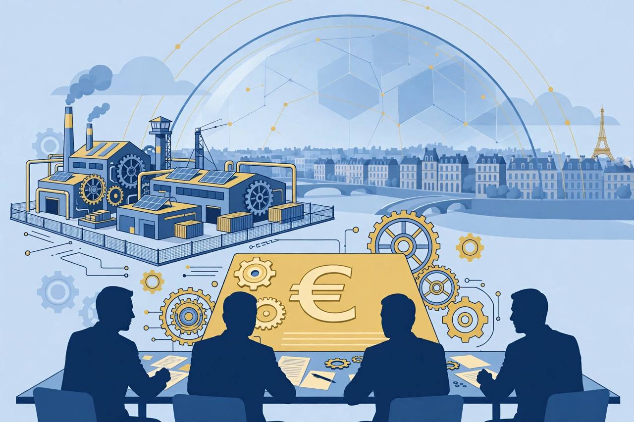 Editorial illustration of a European defence factory and a ballistic missile shield dome over a city, with a large euro funding document