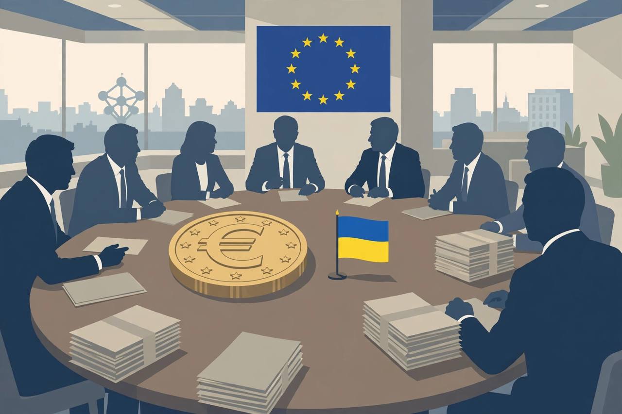 Editorial illustration of generic European leaders around a summit table with a large euro coin and a Ukrainian flag, flat style, no text, no real person depicted