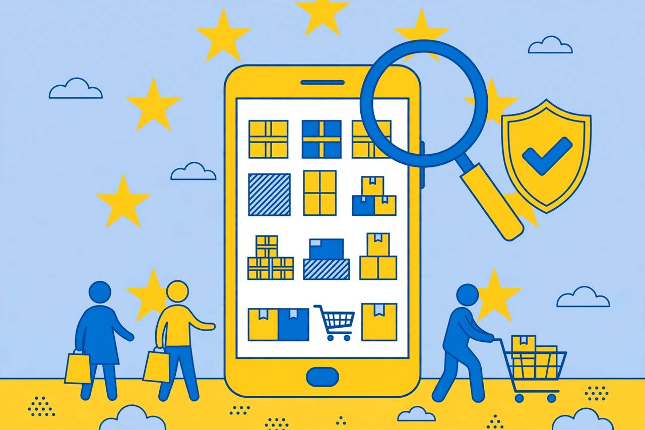 Editorial illustration of a giant smartphone shopping app with parcels, a magnifying glass and a shield, with the EU circle of stars in the background