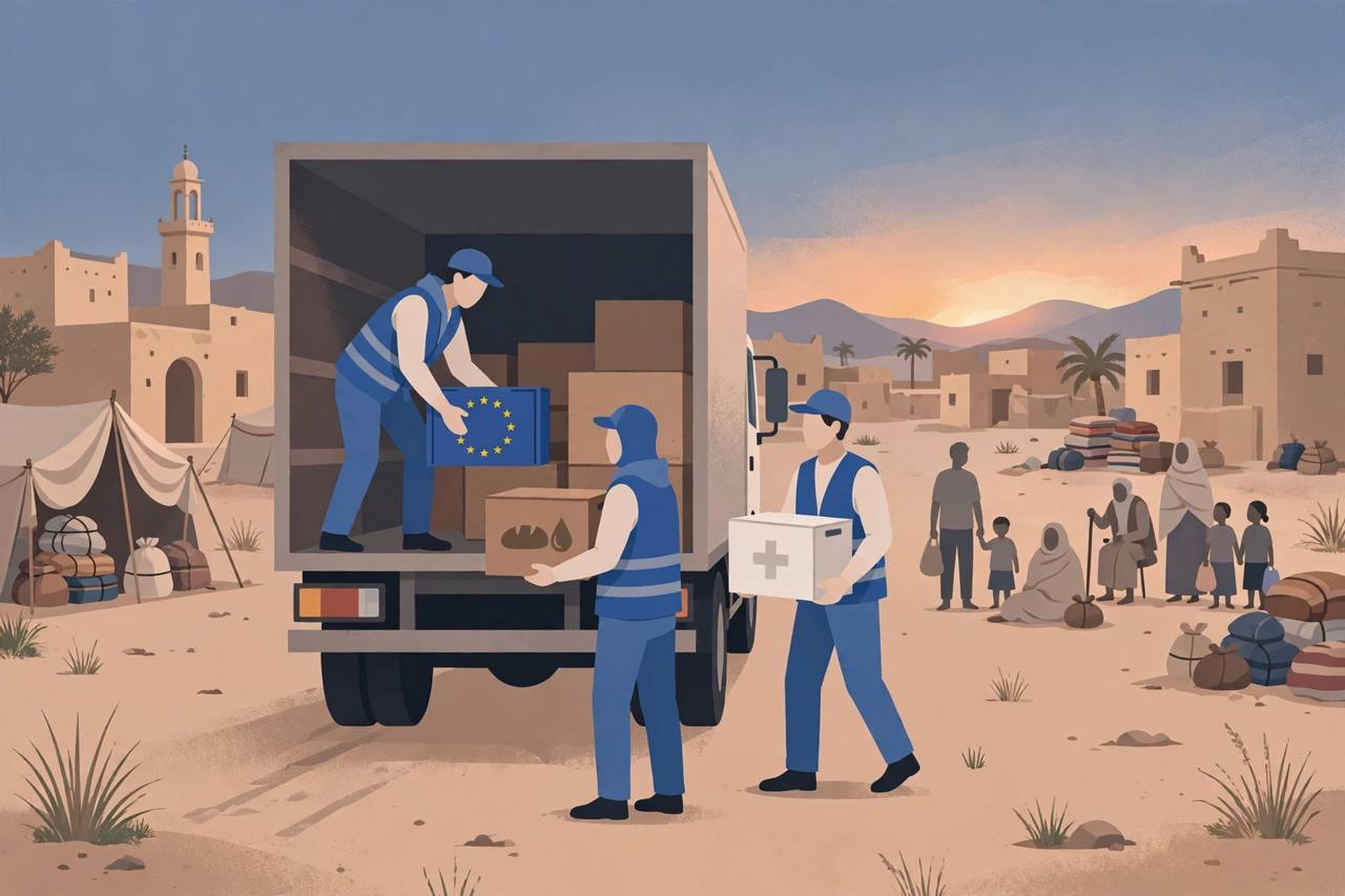 Editorial illustration of humanitarian aid workers unloading food and medical crates from a truck in a Yemeni town at dusk, displaced families in the background and an EU-flag crate