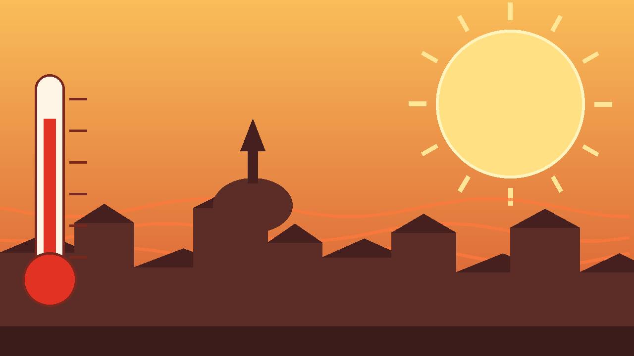 Editorial illustration of a generic European city skyline under a blazing sun with a large thermometer, flat style, no real person depicted