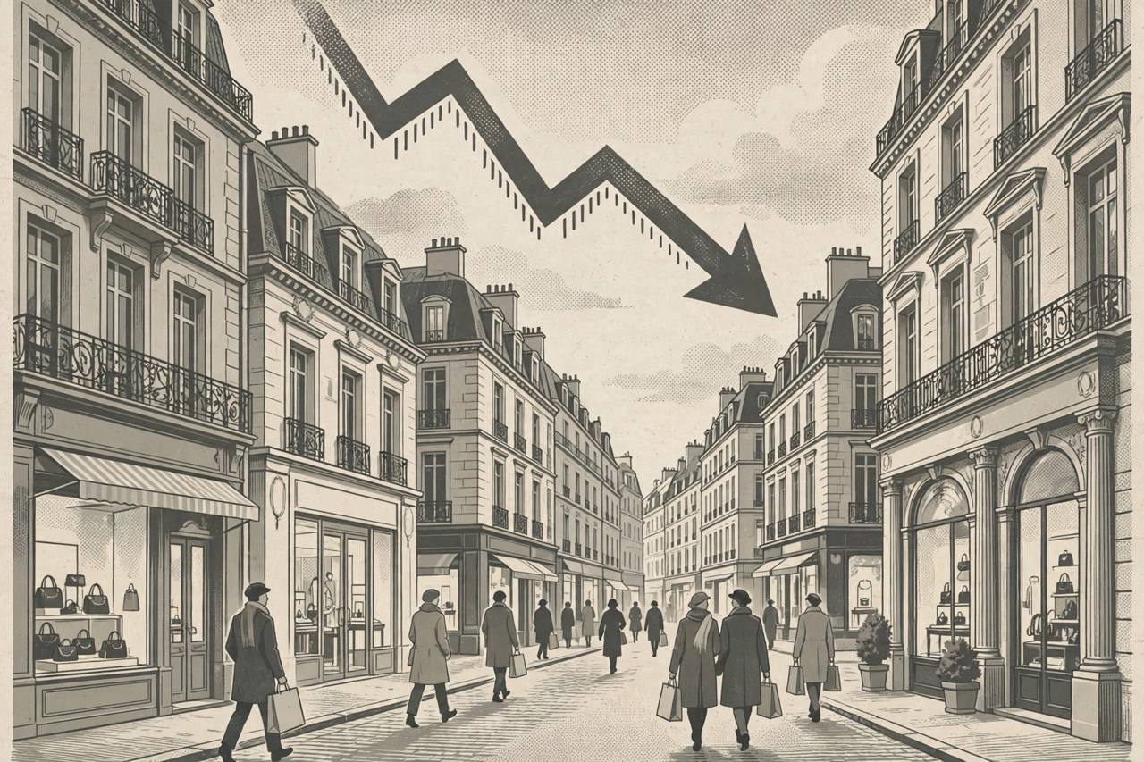 Editorial illustration of a European luxury shopping street with a large downward stock-chart arrow above the storefronts