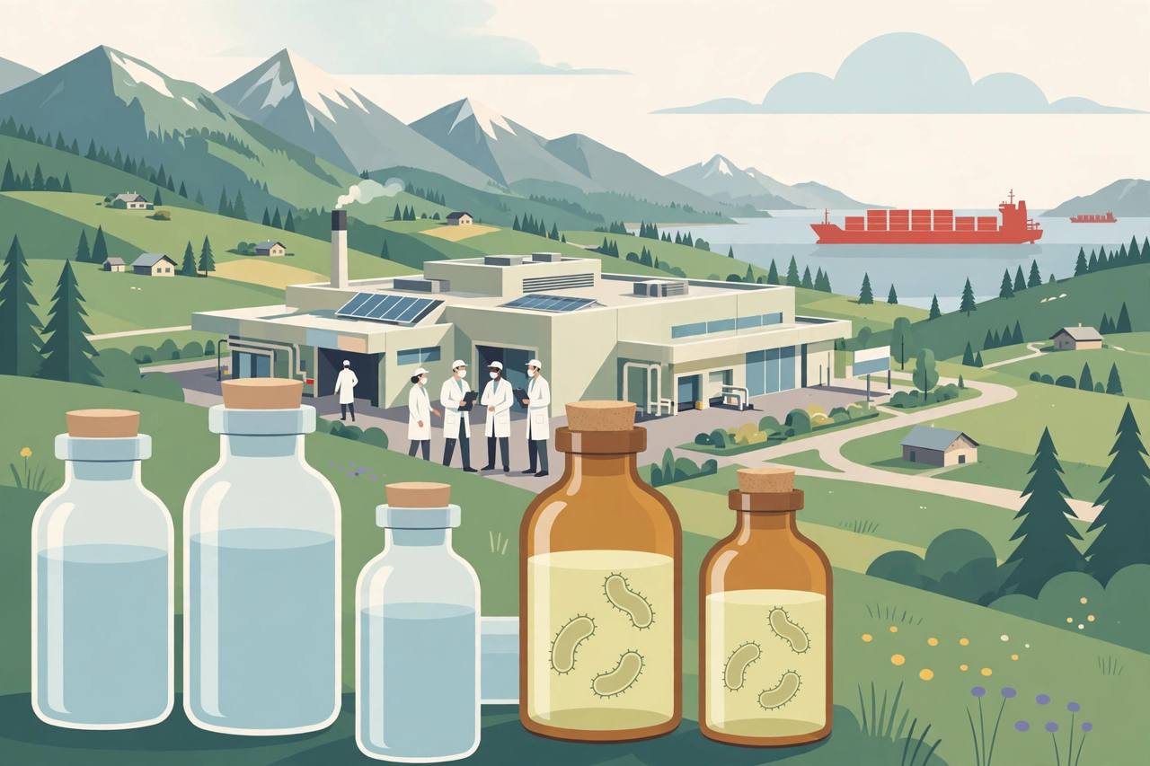 Editorial illustration of a pharmaceutical factory in Alpine foothills with antibiotic vials in the foreground, for the story on Europe's last major penicillin plant facing cheap Chinese competition