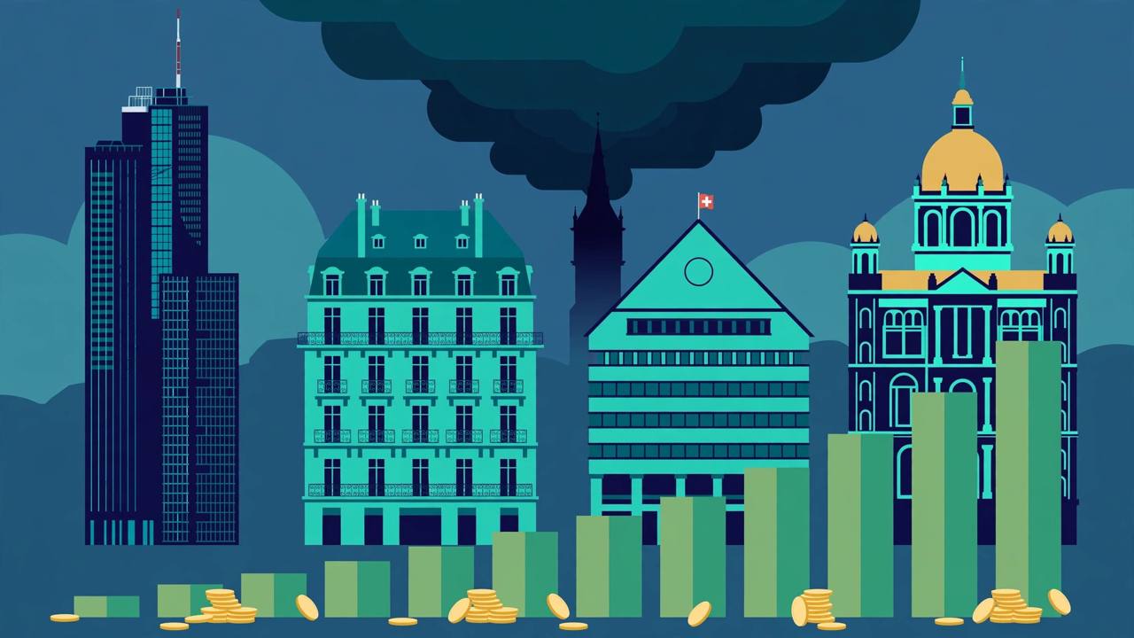 Editorial illustration of European bank towers with rising green profit bars and gold coins, one tower under a dark cloud