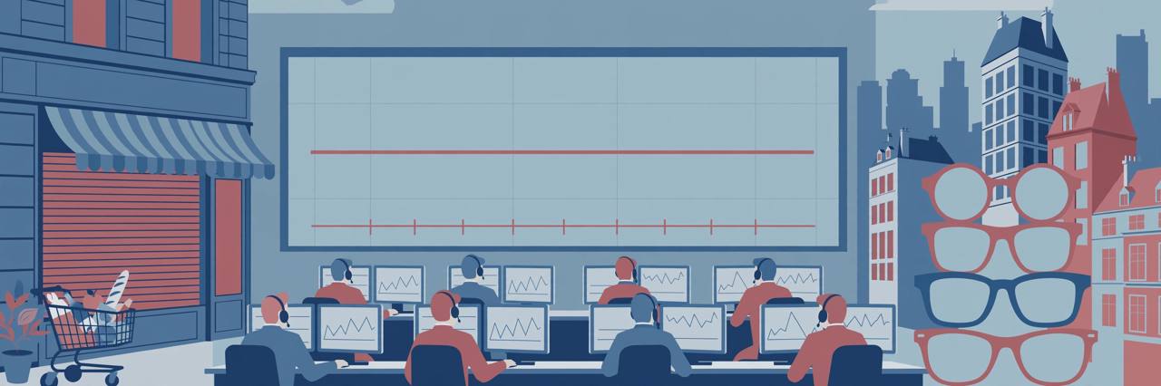 Editorial illustration of generic traders watching a flat stock-market line, with a closed French supermarket and generic office buildings, flat editorial style, no text, no real people