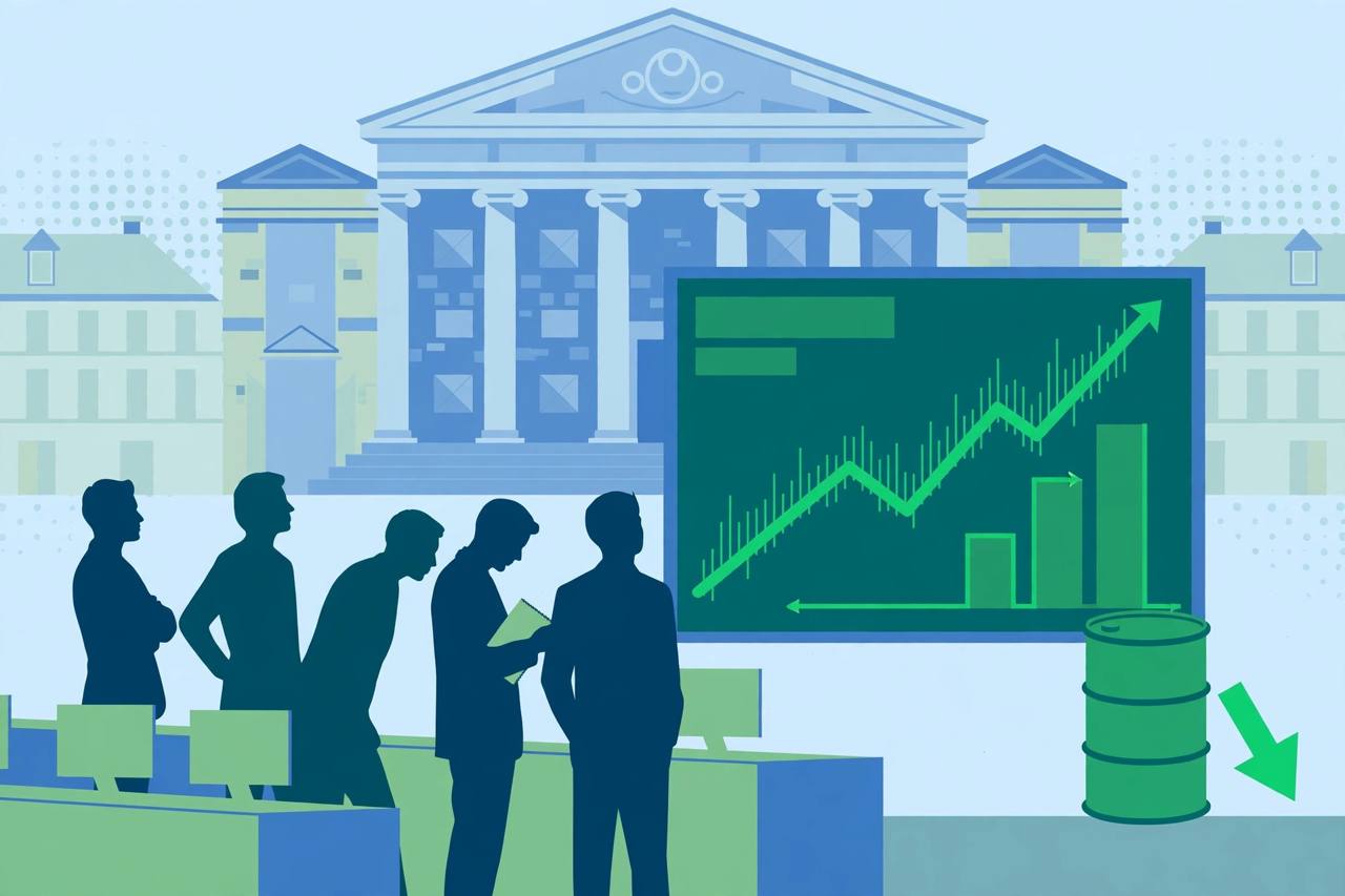 Editorial illustration of a European trading floor with a rising chart, an oil barrel and a central bank building