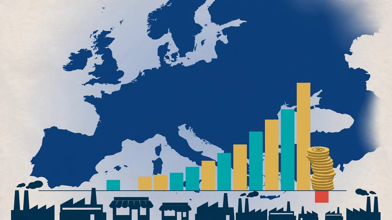 Editorial illustration of a map of Europe with rising gold and teal bar charts, euro coins and factory silhouettes