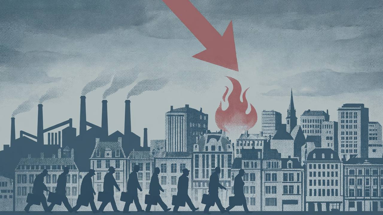 Editorial illustration of a European skyline with factories, a downward arrow and an energy flame — no real person depicted