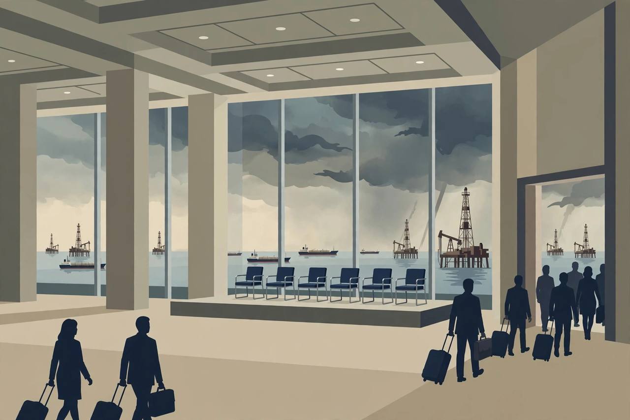 Editorial illustration of an empty Gulf oil conference stage with oil derricks and tankers seen through tall windows under a tense sky