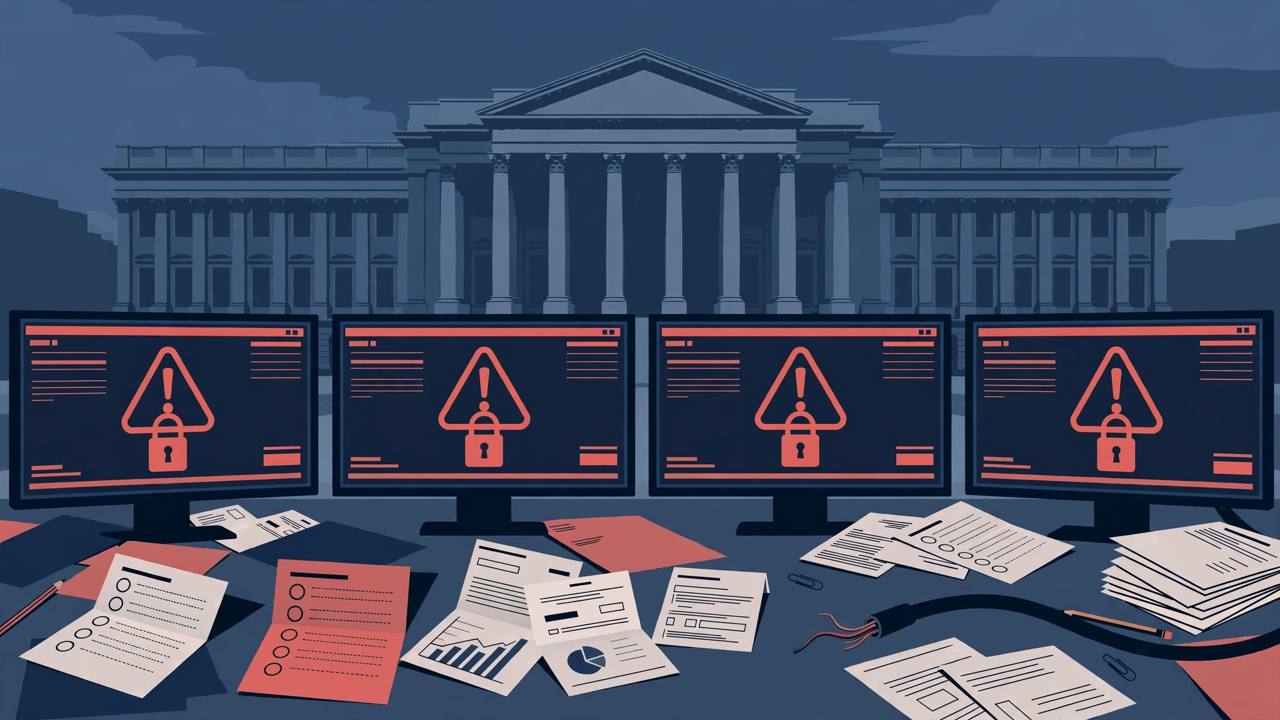 Editorial illustration of computer monitors with warning and padlock symbols in front of a generic government building, with filing papers on a desk (Editorial illustration)