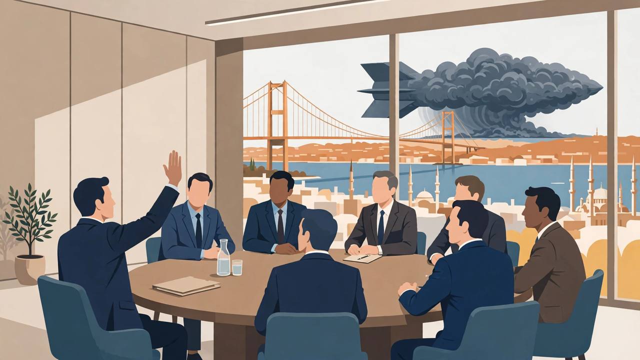Editorial illustration of generic diplomats around a round table in Istanbul with the Bosphorus behind them — flat style, no real person depicted