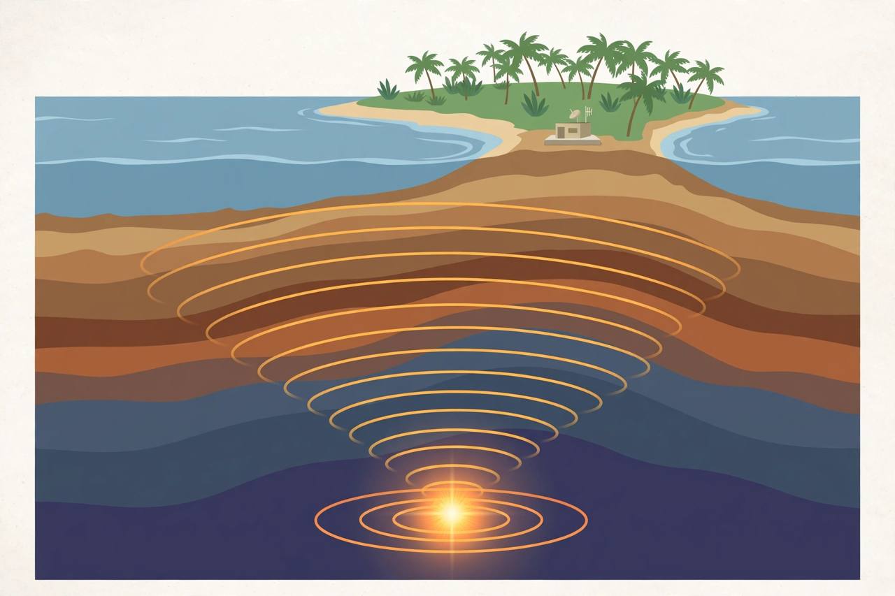 Editorial illustration of a deep-focus earthquake below the South Pacific near Fiji, with seismic rings rising from far underground toward an island coast