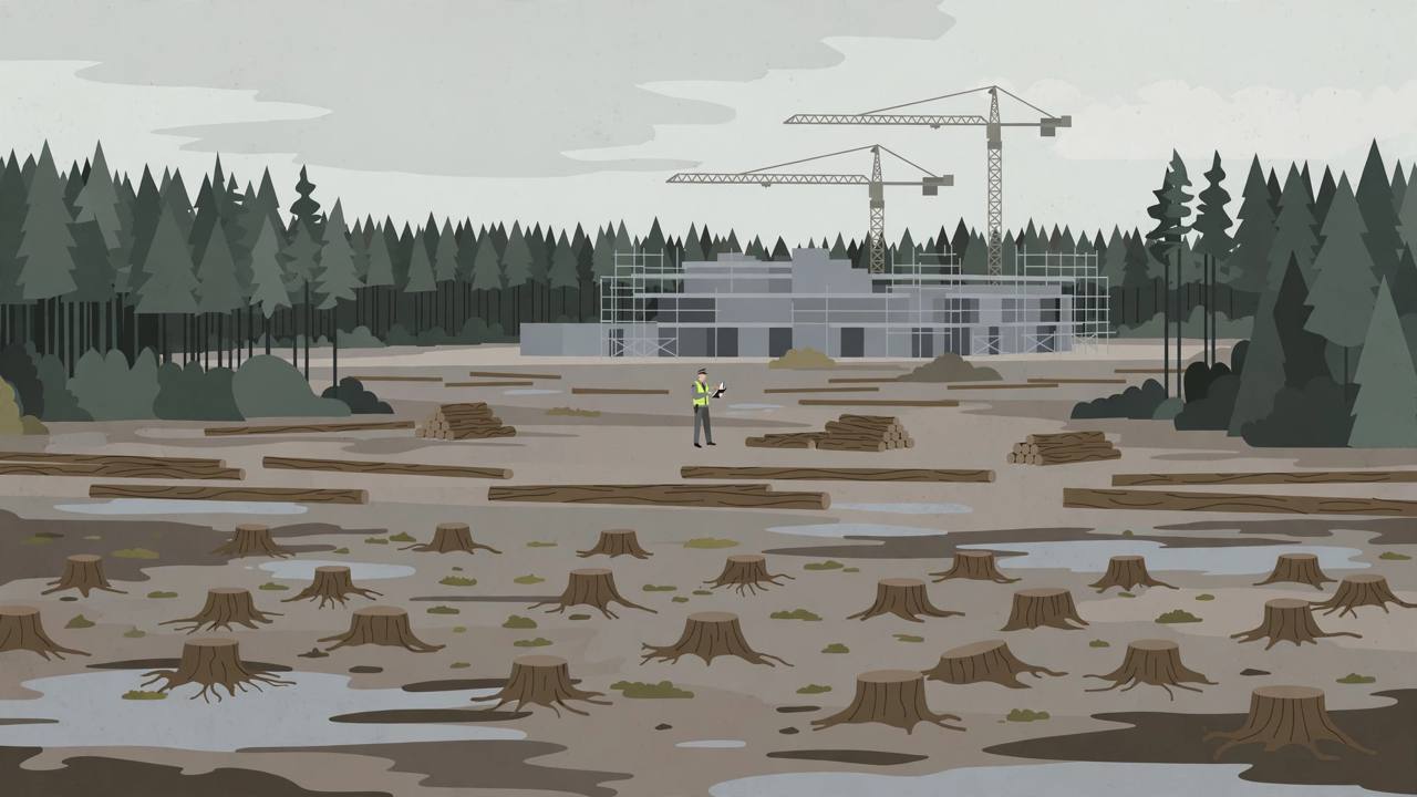 Editorial illustration of a cleared forest site in northern Finland with tree stumps, felled pines, construction cranes and a part-built data centre hall, with a generic inspector figure taking notes