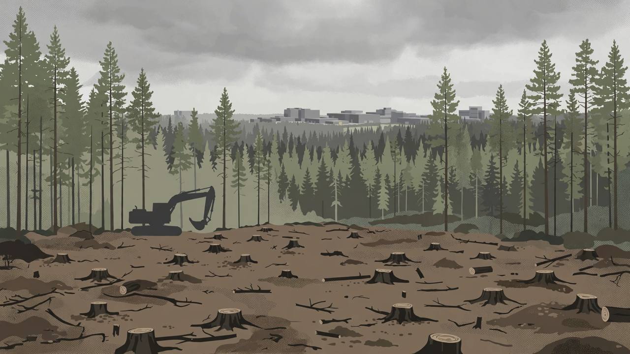 Editorial illustration of a northern pine forest with a large cleared patch of brown earth and tree stumps, an excavator silhouette and distant data centre buildings — flat style, no real person depicted
