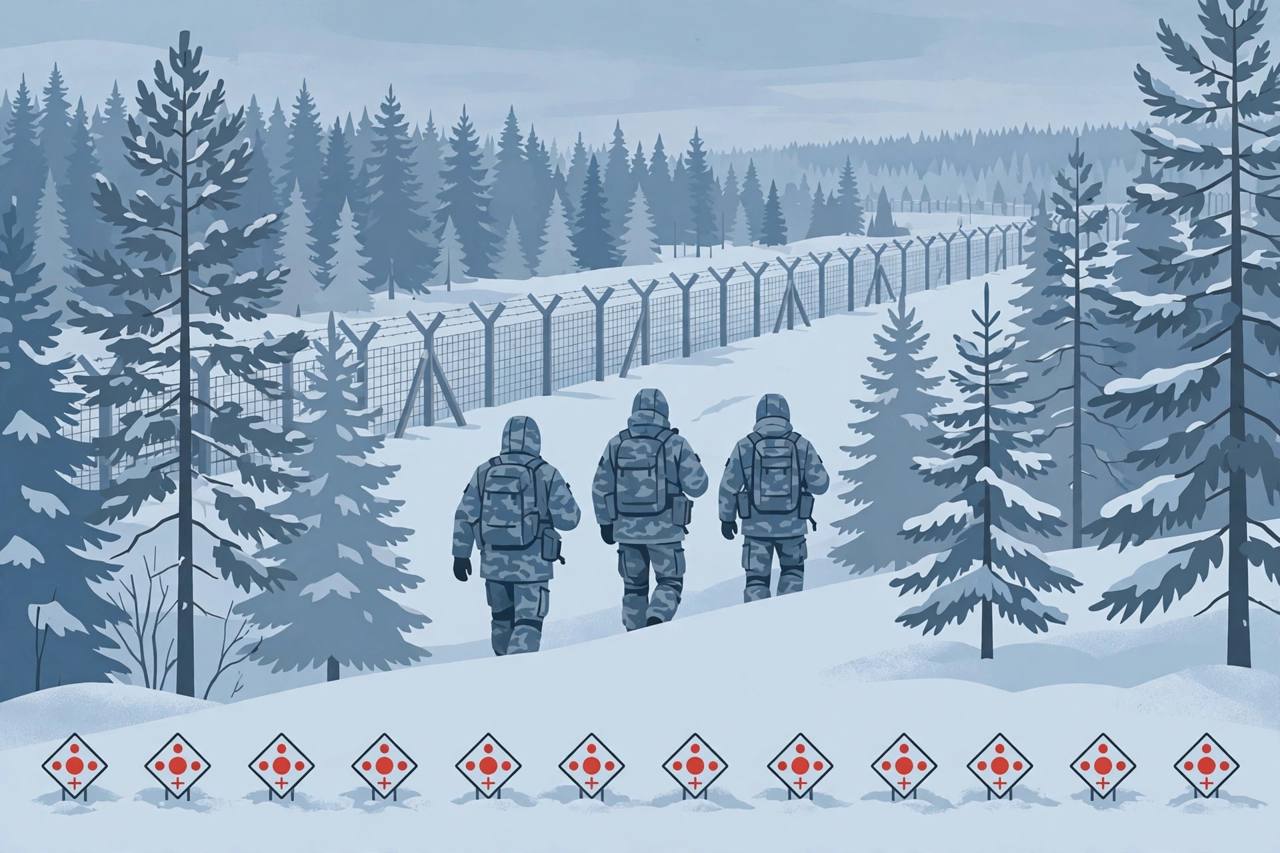 Editorial illustration of generic soldiers in winter camouflage seen from behind in a snowy pine forest beside a long border fence, with stylised mine-warning markers in the snow