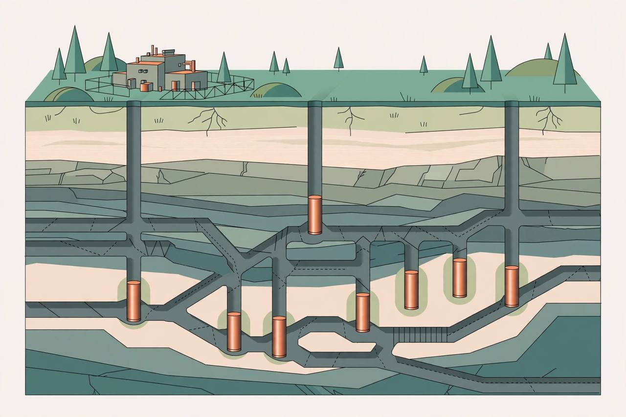 Editorial illustration of a cutaway of deep bedrock with underground tunnels and copper canisters below a small surface plant and pine trees — no people depicted